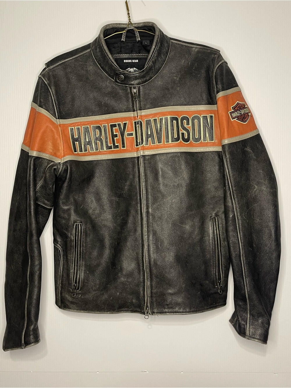 Harley-Davidson Black Leather Jacket with Orange Chest Stripe